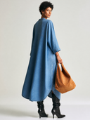 Women Washed Denim Maxi Kaftan Dress Stand Collar Half Placket 3/4 Sleeve Oversized Loose Casual Long Tunic ZMZ2838G2YZH