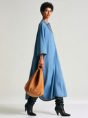 Women Washed Denim Maxi Kaftan Dress Stand Collar Half Placket 3/4 Sleeve Oversized Loose Casual Long Tunic ZMZ2838G2YZH