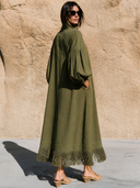 Women Army Green Half Zip Midi Dress Balloon Elastic Cuff Sleeve Side Pockets Fringe Hem Loose Casual Tunic Dress ZMZ2896G7YZH
