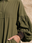 Women Army Green Half Zip Midi Dress Balloon Elastic Cuff Sleeve Side Pockets Fringe Hem Loose Casual Tunic Dress ZMZ2896G7YZH