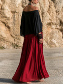 Women Boho 2 Piece Outfit Off Shoulder Batwing Sleeve Top High Waist Flowy Wide Leg Palazzo Pants Casual Matching Set ZMZ2874G4YZH