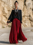 Women Boho 2 Piece Outfit Off Shoulder Batwing Sleeve Top High Waist Flowy Wide Leg Palazzo Pants Casual Matching Set ZMZ2874G4YZH