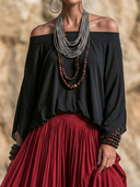 Women Boho 2 Piece Outfit Off Shoulder Batwing Sleeve Top High Waist Flowy Wide Leg Palazzo Pants Casual Matching Set ZMZ2874G4YZH