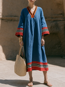 Women Linen Blend Kaftan Midi Dress V Neck Contrast Striped Trim 3/4 Sleeve Loose Bohemian Casual Tunic Dress ZMZ2848G8YZH