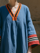 Women Linen Blend Kaftan Midi Dress V Neck Contrast Striped Trim 3/4 Sleeve Loose Bohemian Casual Tunic Dress ZMZ2848G8YZH