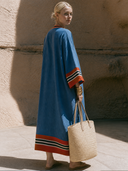 Women Linen Blend Kaftan Midi Dress V Neck Contrast Striped Trim 3/4 Sleeve Loose Bohemian Casual Tunic Dress ZMZ2848G8YZH