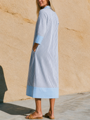 Women Striped Color Block Shirt Midi Dress Collar Half Placket 3/4 Cuffed Sleeve Loose Pocket Casual Vacation Dress ZMZ2850G5YZH