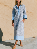 Women Striped Color Block Shirt Midi Dress Collar Half Placket 3/4 Cuffed Sleeve Loose Pocket Casual Vacation Dress ZMZ2850G5YZH