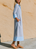 Women Striped Color Block Shirt Midi Dress Collar Half Placket 3/4 Cuffed Sleeve Loose Pocket Casual Vacation Dress ZMZ2850G5YZH