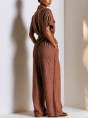 Women Premium Linen Blend Jumpsuit Collared Button Front Short Sleeve Drawstring Waist Wide Leg Pocketed Casual Vacation Romper ZMZ2848G0YZH