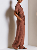 Women Premium Linen Blend Jumpsuit Collared Button Front Short Sleeve Drawstring Waist Wide Leg Pocketed Casual Vacation Romper ZMZ2848G0YZH