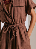 Women Premium Linen Blend Jumpsuit Collared Button Front Short Sleeve Drawstring Waist Wide Leg Pocketed Casual Vacation Romper ZMZ2848G0YZH