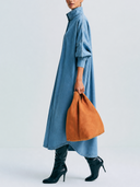 Women Light Wash Denim Midi Dress Stand Collar Half Placket Lantern Sleeve Oversized Loose Irregular Hem Casual Tunic Dress ZMZ2882G5YZH