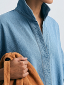 Women Light Wash Denim Midi Dress Stand Collar Half Placket Lantern Sleeve Oversized Loose Irregular Hem Casual Tunic Dress ZMZ2882G5YZH