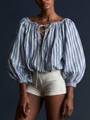 Women Vertical Stripe Blouse Off Shoulder Front Lace Up Puff Sleeve Drawstring Cropped Casual Top ZMZ2909G5YZH