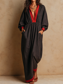 Women's Retro Casual Cotton Color Block Lapel Long Sleeve Maxi Dress ZMZ2983G2ZJY
