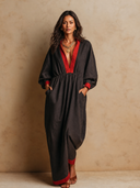 Women's Retro Casual Cotton Color Block Lapel Long Sleeve Maxi Dress ZMZ2983G2ZJY