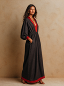 Women's Retro Casual Cotton Color Block Lapel Long Sleeve Maxi Dress ZMZ2983G2ZJY