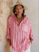 Women's Fashion Stand Collar Pink Striped Cotton Long-Sleeve Shirt ZMZ2923G8SWL