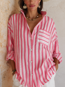 Women's Fashion Stand Collar Pink Striped Cotton Long-Sleeve Shirt ZMZ2923G8SWL