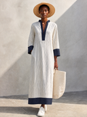 Women's Classic Cotton V-Neck Color-Block Striped Maxi Dress ZMZ2915G8SWL