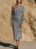 Women Black White Polka Dot Knit Midi Dress Asymmetric Off Shoulder Long Sleeve Bodycon Elegant Dress ZMZ2908G8YZH