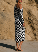 Women Black White Polka Dot Knit Midi Dress Asymmetric Off Shoulder Long Sleeve Bodycon Elegant Dress ZMZ2908G8YZH