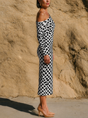 Women Black White Polka Dot Knit Midi Dress Asymmetric Off Shoulder Long Sleeve Bodycon Elegant Dress ZMZ2908G8YZH