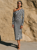 Women Black White Polka Dot Knit Midi Dress Asymmetric Off Shoulder Long Sleeve Bodycon Elegant Dress ZMZ2908G8YZH