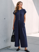 Women's Classic Navy Blue Cotton Striped Zip-up Collar Loose Jumpsuit ZMZ3025G8SWL