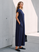 Women's Classic Navy Blue Cotton Striped Zip-up Collar Loose Jumpsuit ZMZ3025G8SWL
