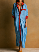 Women's Retro Casual Striped Velvet Collar Long Sleeve Maxi Dress ZMZ3034G1ZJY