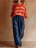 Women's Retro Casual Knitted Long-Sleeved Top And Linen Pants Two-Piece Set ZMZ3042G4ZJY