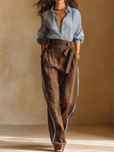 Women's Retro Casual Striped Long-Sleeve Shirt And Linen Trousers Two-Piece Set ZMZ3011G0ZJY