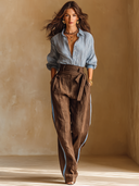 Women's Retro Casual Striped Long-Sleeve Shirt And Linen Trousers Two-Piece Set ZMZ3011G0ZJY