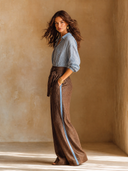 Women's Retro Casual Striped Long-Sleeve Shirt And Linen Trousers Two-Piece Set ZMZ3011G0ZJY