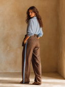 Women's Retro Casual Striped Long-Sleeve Shirt And Linen Trousers Two-Piece Set ZMZ3011G0ZJY