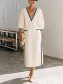Women's Classic Cotton V-Neck Color-Block Striped Midi Dress ZMZ3061G9SWL