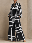 Women's Abstract Grid Print Long Sleeve Blouse And Wide Leg Pants Two Piece Set ZMZ2757G0XT