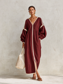Women's Vintage Color-Block Cotton V-Neck Long-Sleeve Maxi Dress ZMZ3017G9SWL