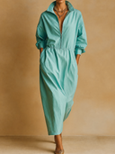 Women's Retro Casual Cotton Solid Color Zipper Collar Long-Sleeve Maxi Dress ZMZ3021G3ZJY