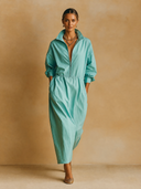 Women's Retro Casual Cotton Solid Color Zipper Collar Long-Sleeve Maxi Dress ZMZ3021G3ZJY
