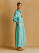 Women's Retro Casual Cotton Solid Color Zipper Collar Long-Sleeve Maxi Dress ZMZ3021G3ZJY