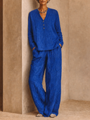 Women's Linen Long-Sleeve V-Neck Top And Wide-Leg Pants Two-Piece Set ZMZ2756G5XT