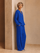 Women's Linen Long-Sleeve V-Neck Top And Wide-Leg Pants Two-Piece Set ZMZ2756G5XT