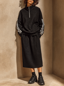 Women's Half-Zip Ribbed Sweatshirt & Midi Skirt Set with Side Stripes