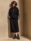 Women's Half-Zip Ribbed Sweatshirt & Midi Skirt Set with Side Stripes
