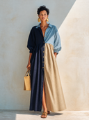 Women's Stylish Cotton Color-block Half-sleeve Maxi Dress ZMZ3035G9SWL