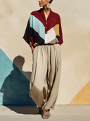 Women's Fashionable Acetate Color-blocked Top And Khaki Pants Two-piece Set ZMZ3052G2SWL