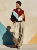 Women's Fashionable Acetate Color-blocked Top And Khaki Pants Two-piece Set ZMZ3052G2SWL